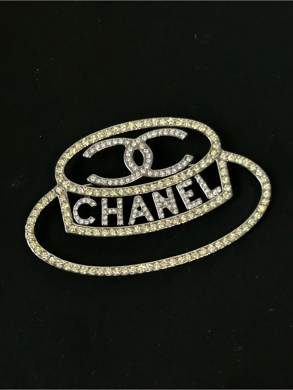 Chanel Crystal CC Logo Brooch in Clear/Silver